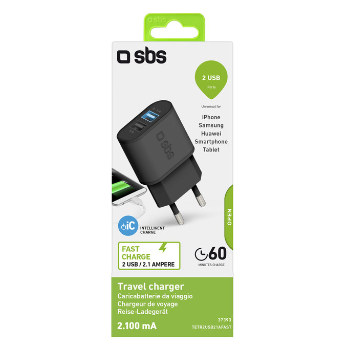 SBS - 10W polnilni adapter 2x USB, črn
