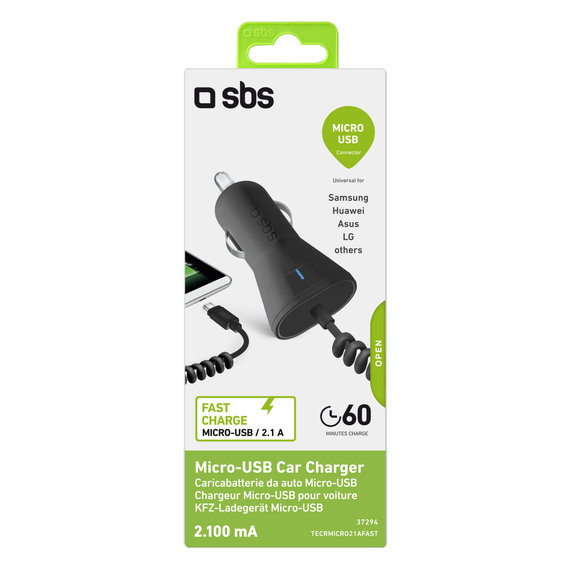 SBS - Micro-USB avtopolnilec, 2.1A, črn