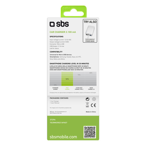 SBS - Micro-USB avtopolnilec, 2.1A, črn