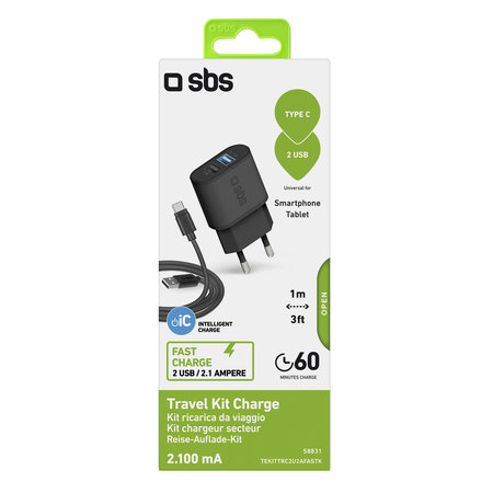 SBS - 10W polnilni adapter 2x USB + kabel USB / USB-C, črn
