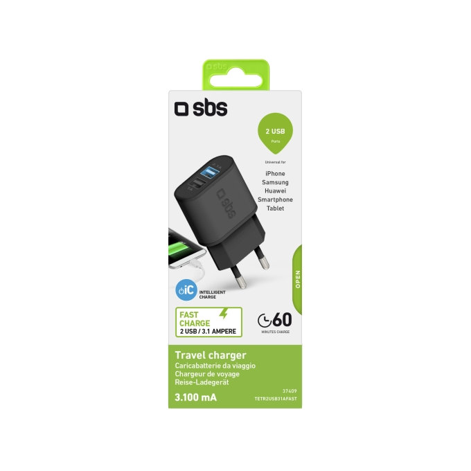 SBS - 10W polnilni adapter 2x USB, črn