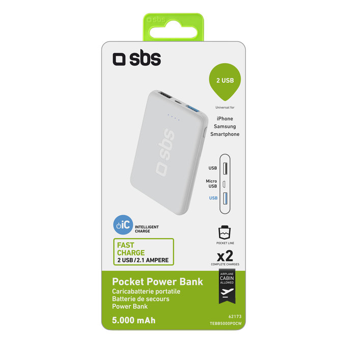 SBS - PowerBank 5000 mAh, 2x USB 2,1A, 1A, bela