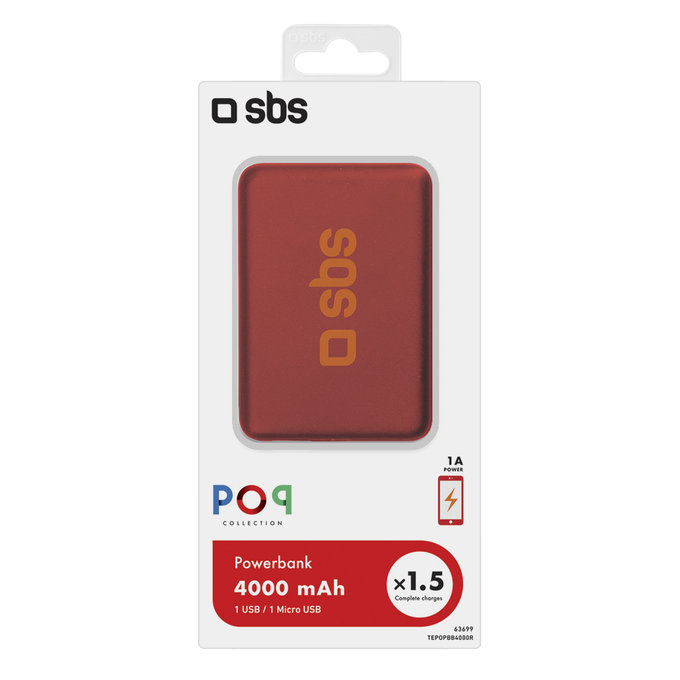 SBS - PowerBank 4000 mAh - USB, Micro-USB, rdeč
