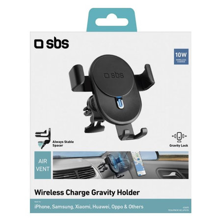 SBS - Gravity Car Holder with Wireless Charging, 10W, Qi, črn