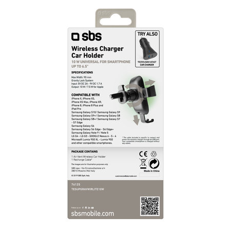 SBS - Gravity Car Holder with Wireless Charging, 10W, Qi, črn