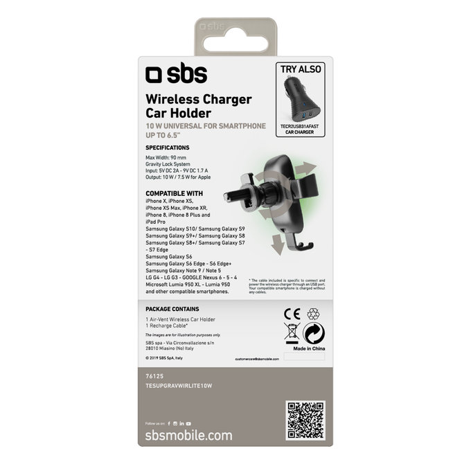 SBS - Gravity Car Holder with Wireless Charging, 10W, Qi, črn