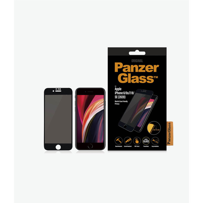 PanzerGlass - Kaljeno Steklo Privacy Case Friendly za iPhone 6, 6s, 7, 8, SE 2020 in SE 2022, črn