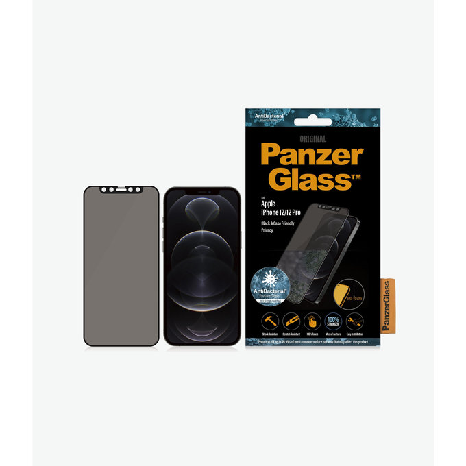 PanzerGlass - Kaljeno Steklo Privacy Case Friendly AB za iPhone 12 in 12 Pro, črn