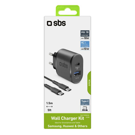 SBS - 18W USB polnilec, USB-C + kabel USB-C / USB-C, črn