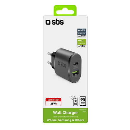 SBS - 25 W USB polnilec, USB-C, črn