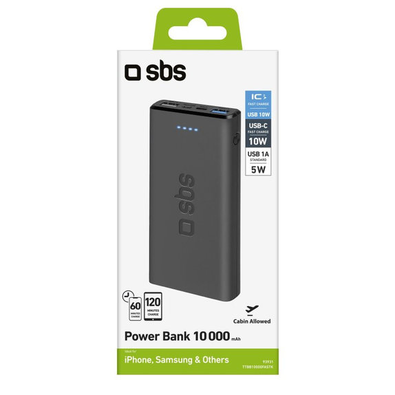 SBS - PowerBank 10 000 mAh, 2x USB, 2,1A, črna