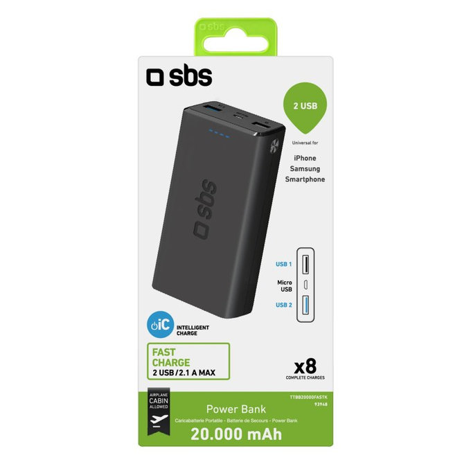 SBS - PowerBank 20 000 mAh, 2x USB, 2,1A, črna