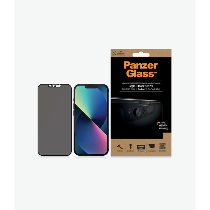 PanzerGlass - Kaljeno Steklo Case Friendly Privacy CamSlider AB za iPhone 13, 13 Pro in 14, črn