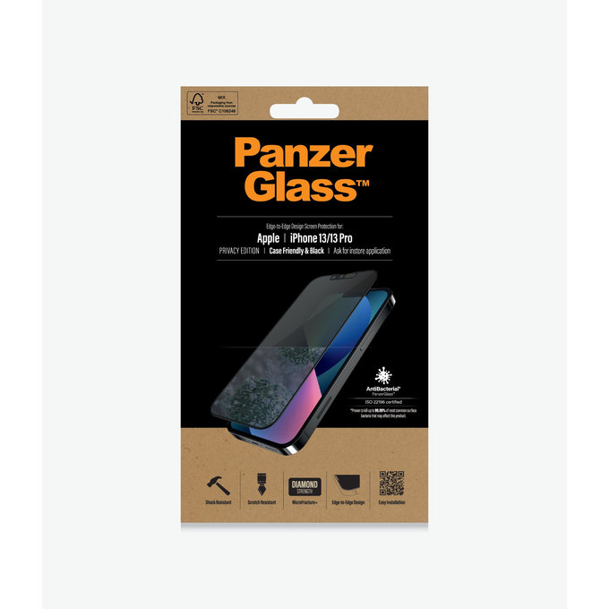 PanzerGlass - Kaljeno Steklo Case Friendly Privacy AB za iPhone 13, 13 Pro in 14, črn