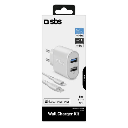 SBS - 10W polnilni adapter 2x USB + USB / Lightning kabel, bel