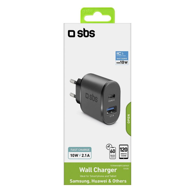 SBS - 10 W USB polnilec, USB-C, črn