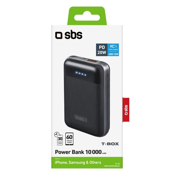 SBS - PowerBank 10 000 mAh, USB, USB-C PowerDelivery 20W, črna