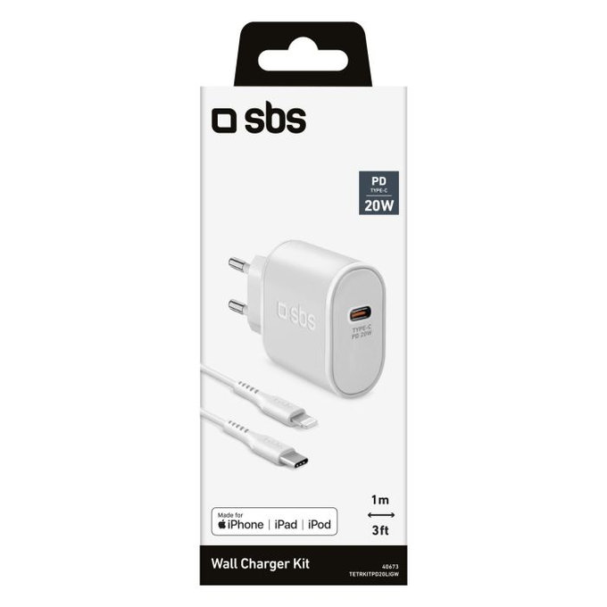 SBS - 20 W USB-C PowerDelivery polnilni adapter + Lightning kabel (1 m), bel