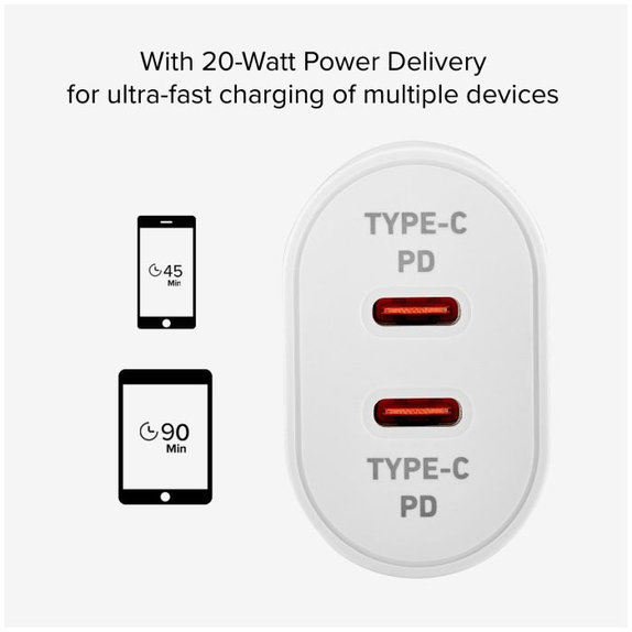 SBS - 20W polnilni adapter 2x USB-C Power Delivery, bel