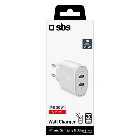 SBS - 20W polnilni adapter 2x USB-C Power Delivery, bel