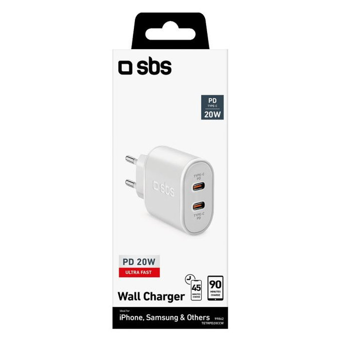 SBS - 20W polnilni adapter 2x USB-C Power Delivery, bel
