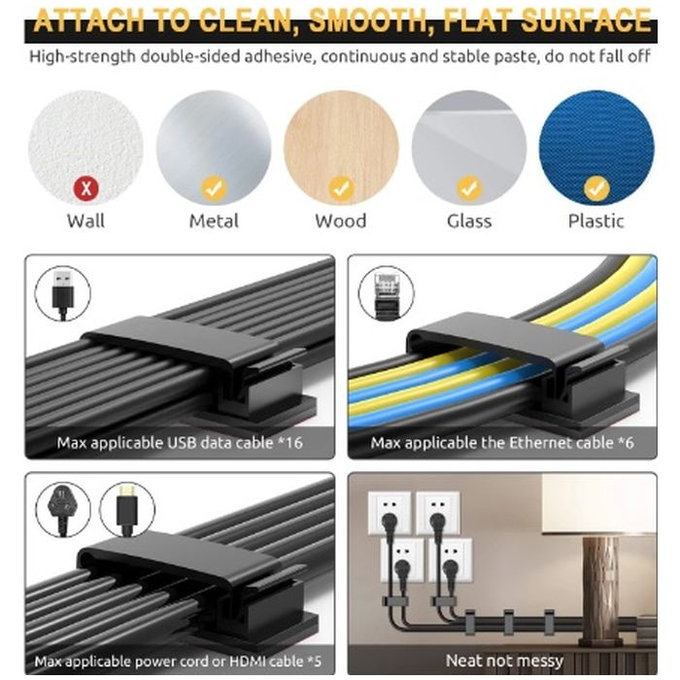 FixPremium - Organizator za kable - Sponka - Komplet 5 kosov, črn