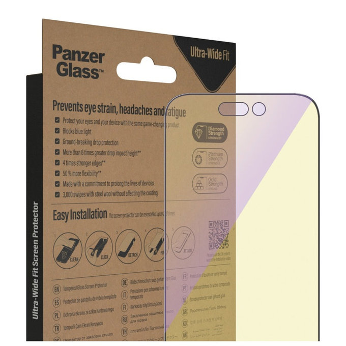 Kaljeno steklo UWF Anti-Bluelight AB z aplikatorjem za iPhone 14 Pro, Črna, PanzerGlass