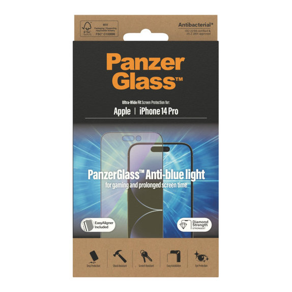 Kaljeno steklo UWF Anti-Bluelight AB z aplikatorjem za iPhone 14 Pro, Črna, PanzerGlass