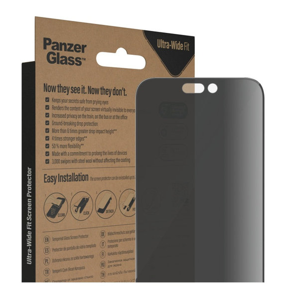 Kaljeno steklo UWF Privacy AB z aplikatorjem za iPhone 14 Pro Max, Črna, PanzerGlass
