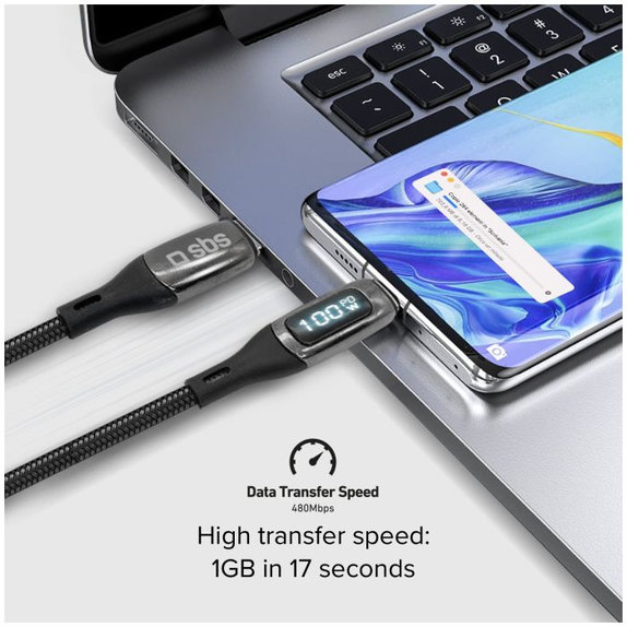 SBS - USB-C / USB-C kabel z LCD in PowerDelivery 100W (1m), črn