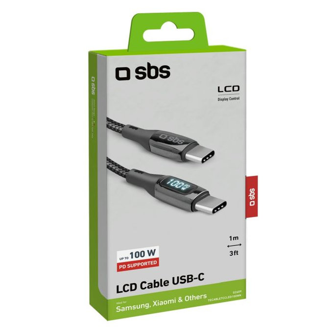 SBS - USB-C / USB-C kabel z LCD in PowerDelivery 100W (1m), črn