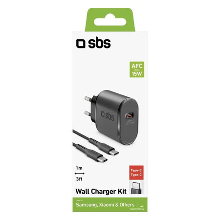 SBS - 15 W USB-C polnilni adapter + kabel USB-C / USB-C (1 m), črn