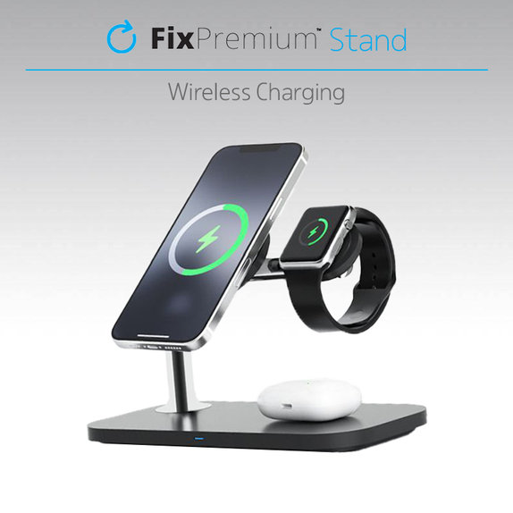 FixPremium - MagSafe stojalo 3 v 1 za iPhone, Apple Watch in AirPods, črno