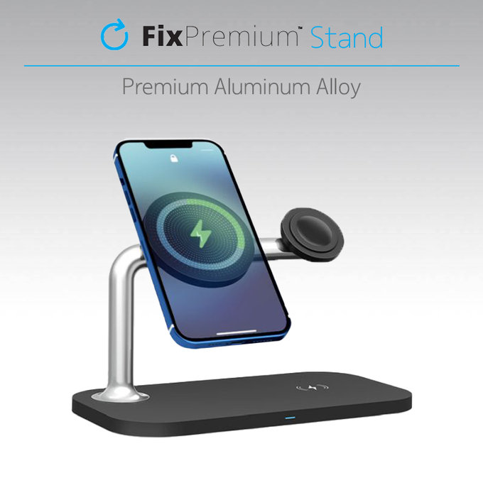FixPremium - MagSafe stojalo 3 v 1 za iPhone, Apple Watch in AirPods, črno