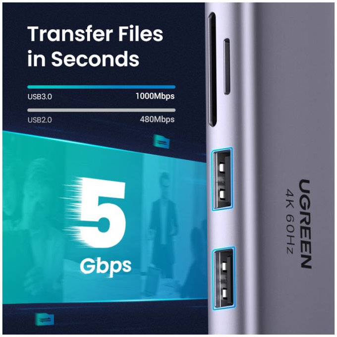 UGREEN - USB-C Hub 6v1, siv
