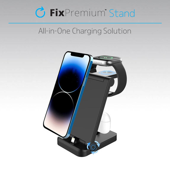 FixPremium - Zložljivo stojalo 3v1 za iPhone, Apple Watch in AirPods, črno