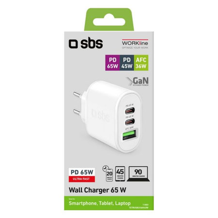 SBS - 65W USB polnilec (36W), 2x USB-C (65W, 45W), PowerDelivery, bel