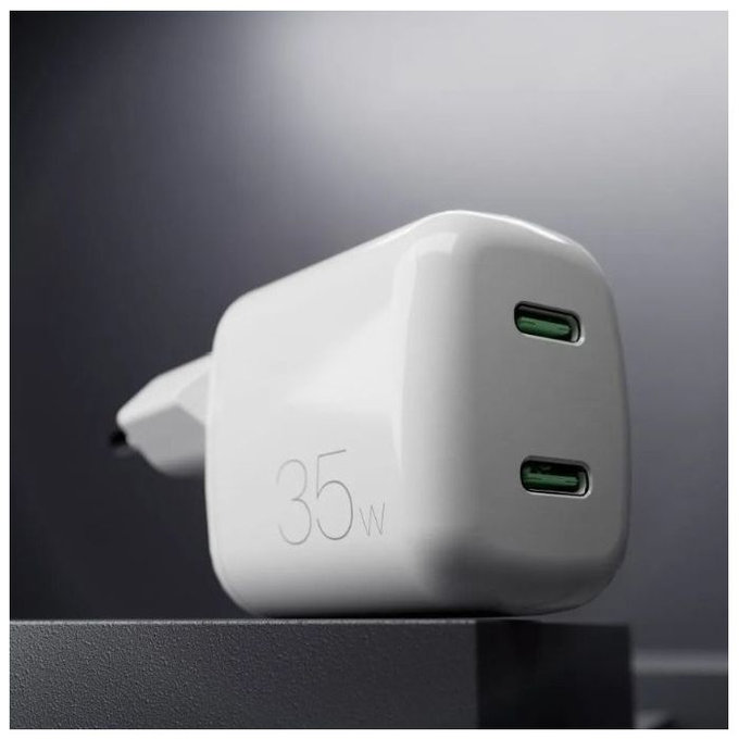 PURO - Polnilni adapter MiniPro 2x USB-C, GaN, 35W, bela