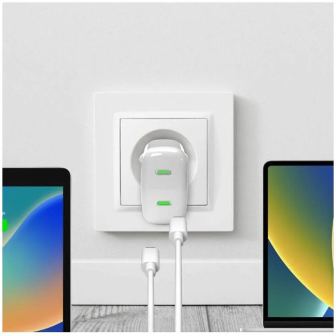 PURO - Polnilni adapter MiniPro 2x USB-C, GaN, 35W, bela