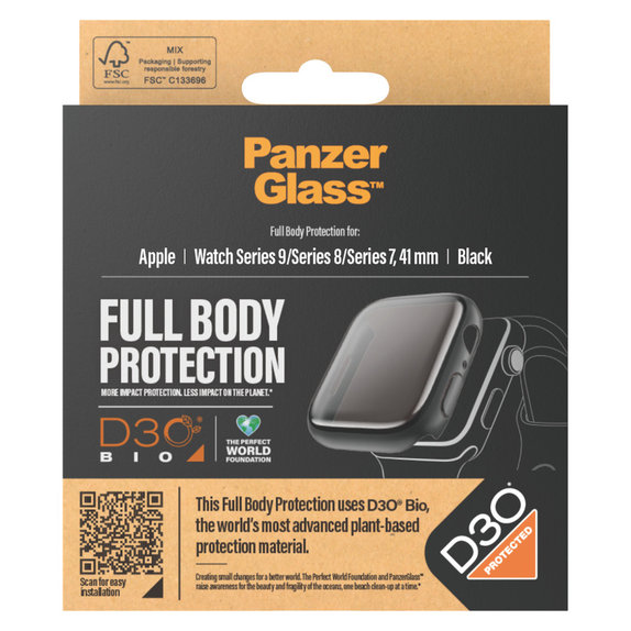 Kaljeno steklo Full Body D3O za Apple Watch 9/8/7 41 mm, Črna, PanzerGlass