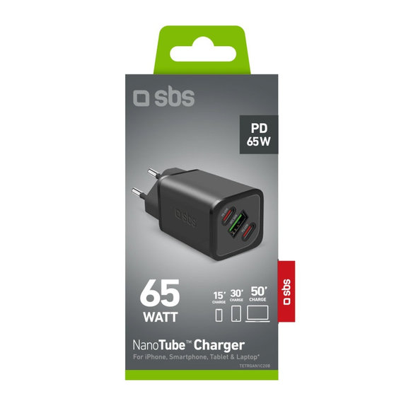 Potovalni adapter NanoTube 2x USB-C/USB-A, GaN, 65 W PD, črna, SBS