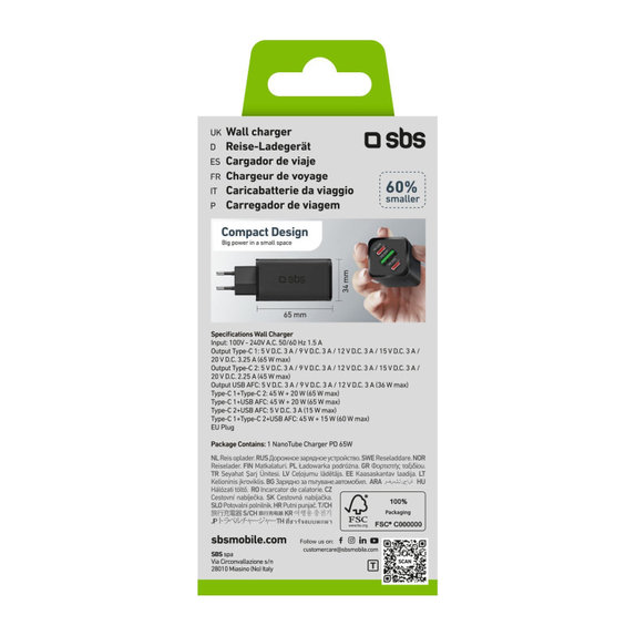 Potovalni adapter NanoTube 2x USB-C/USB-A, GaN, 65 W PD, črna, SBS