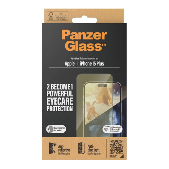 Kaljeno steklo UWF Eyecare z aplikatorjem za iPhone 15 Plus, Črna, PanzerGlass