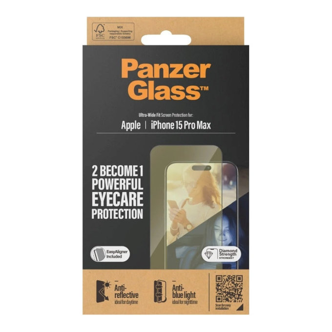 Kaljeno steklo UWF Eyecare z aplikatorjem za iPhone 15 Pro Max, Črna, PanzerGlass