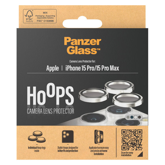 Zaščita objektiva kamere Hoops za iPhone 15 Pro/15 Pro Max, White Metal, PanzerGlass