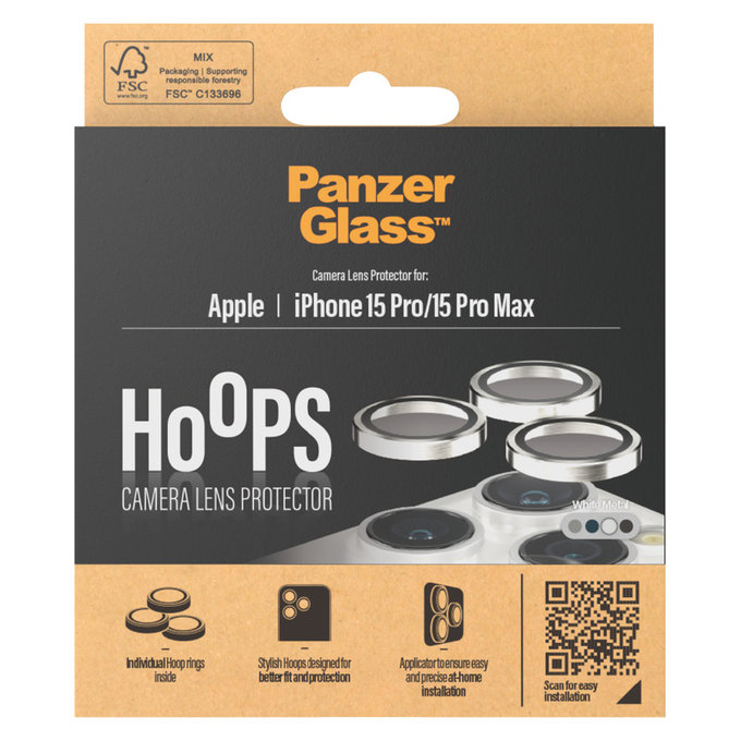 Zaščita objektiva kamere Hoops za iPhone 15 Pro/15 Pro Max, White Metal, PanzerGlass
