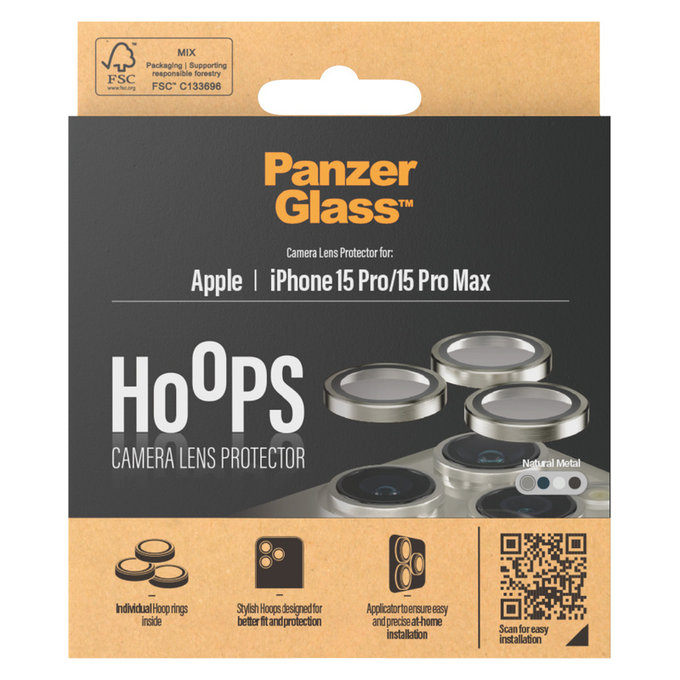 Zaščita objektiva kamere Hoops za iPhone 15 Pro/15 Pro Max, Natural Metal, PanzerGlass