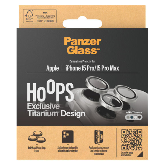 Zaščita objektiva kamere Hoops za iPhone 15 Pro/15 Pro Max, White Titanium, PanzerGlass