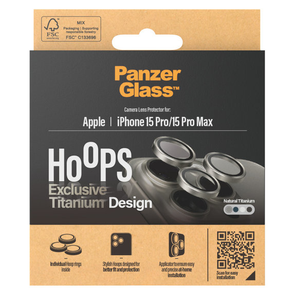 Zaščita objektiva kamere Hoops za iPhone 15 Pro/15 Pro Max, Natural Titanium, PanzerGlass