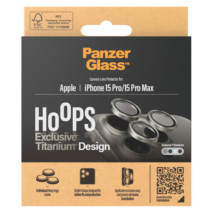 Zaščita objektiva kamere Hoops za iPhone 15 Pro/15 Pro Max, Natural Titanium, PanzerGlass